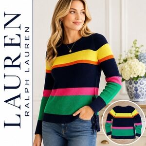 Lauren Ralph Lauren Sweater Womens L Navy Colorblock Lace Up Waffle Knit Preppy